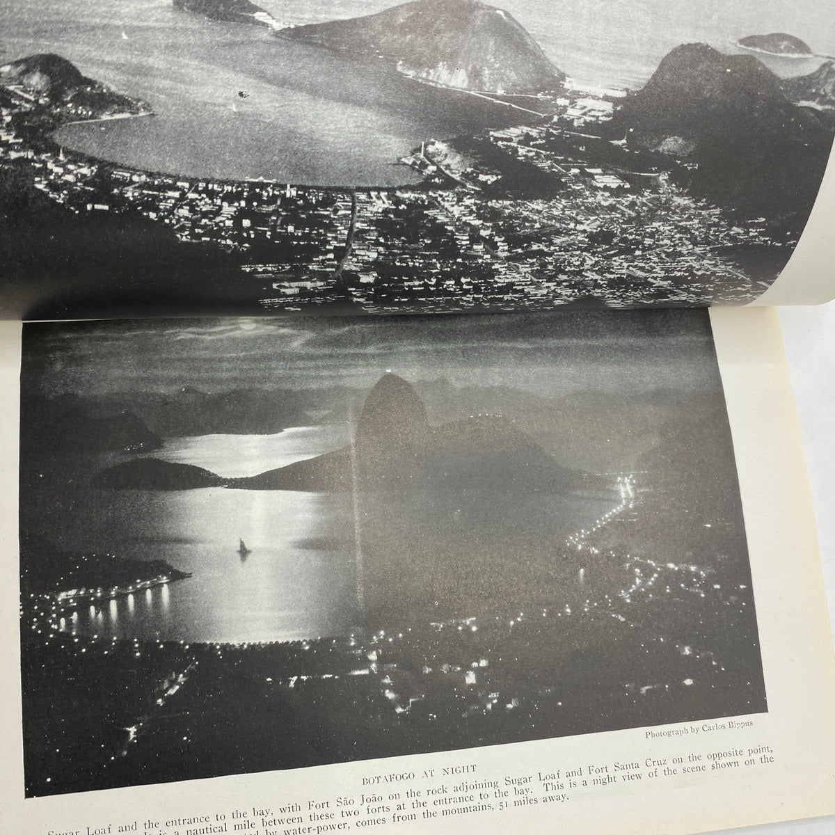Inside page of Vintage National Geographic Magazine September 1920, depicting a night view of Botafogo and Sugar Loaf, captured in duotone engraving.