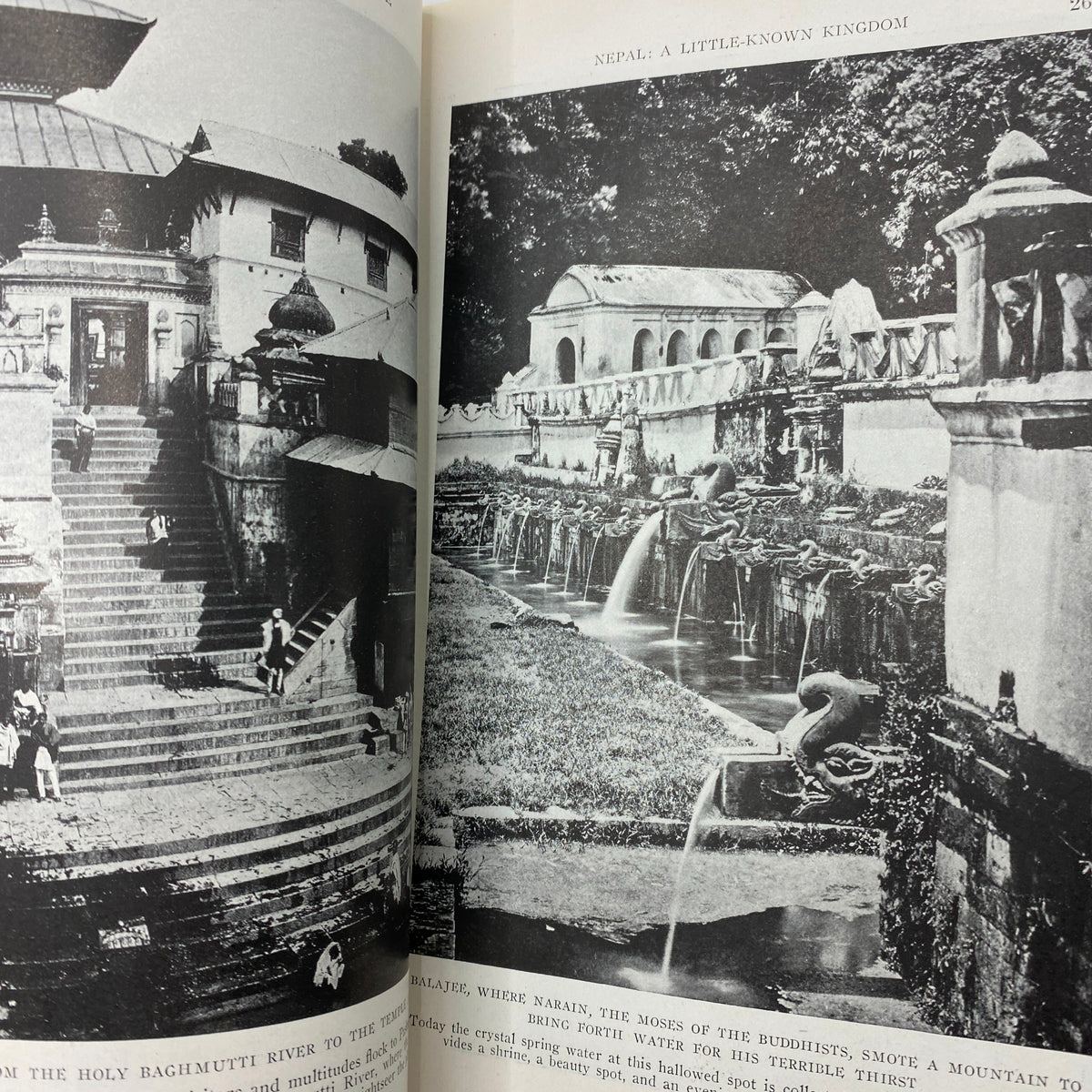 VTG National Geographic Magazine October 1920 featuring a black and white image of a serene landscape in Nepal, illustrating the beauty of a little-known kingdom with historic architecture and flowing water.