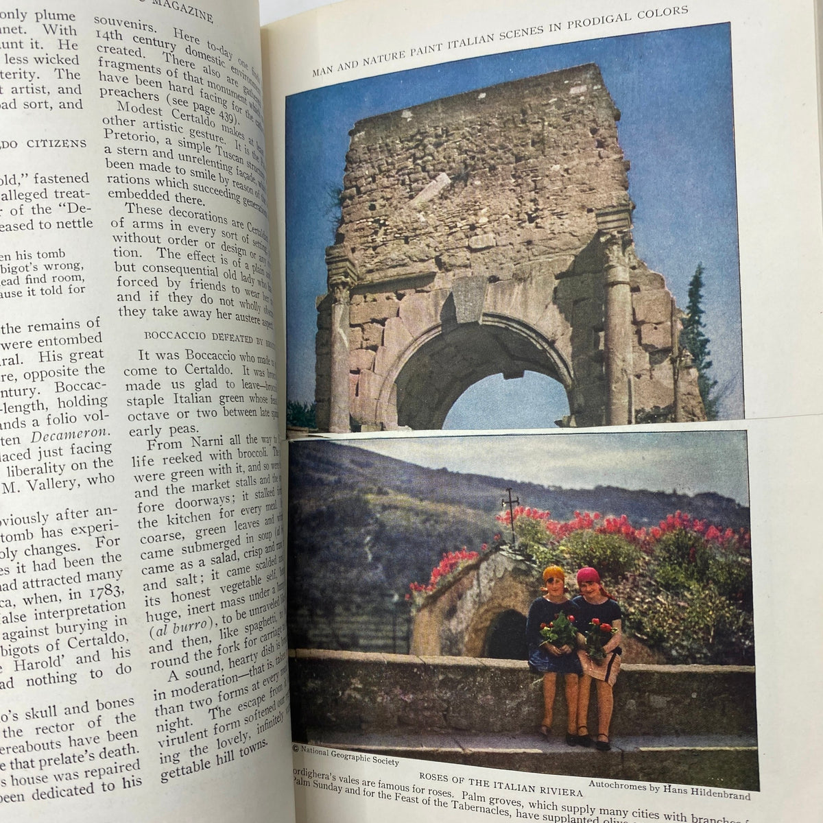 Interior page of National Geographic Magazine April 1928 showcasing the article 'Man and Nature Paint Italian Scenes in Prodigal Colors' with vivid illustrations and historical context.