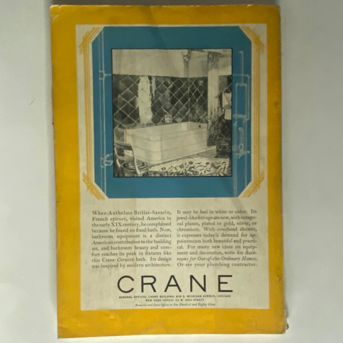 National Geographic Magazine October 1929, showcasing an advertisement featuring a vintage bathroom setup with a Crane bath, highlighting modern architecture influences.