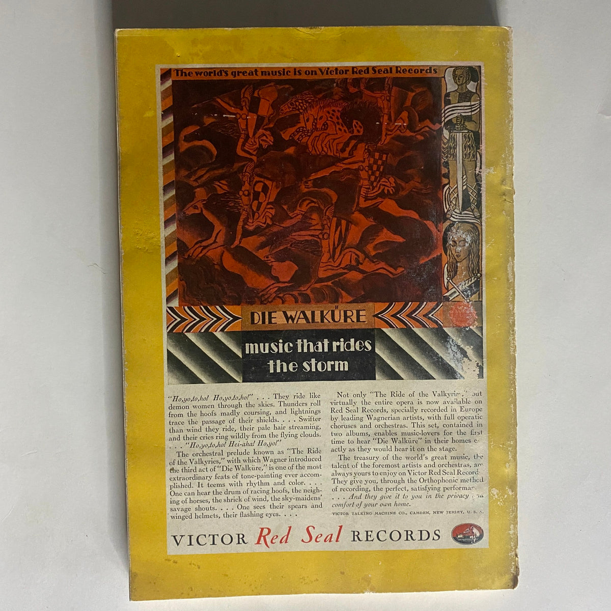 Vintage advertisement for 'Die Walküre' on the back cover of National Geographic Magazine November 1928 Eastern Hemisphere Supplement, featuring artistic images and promoting classical music.