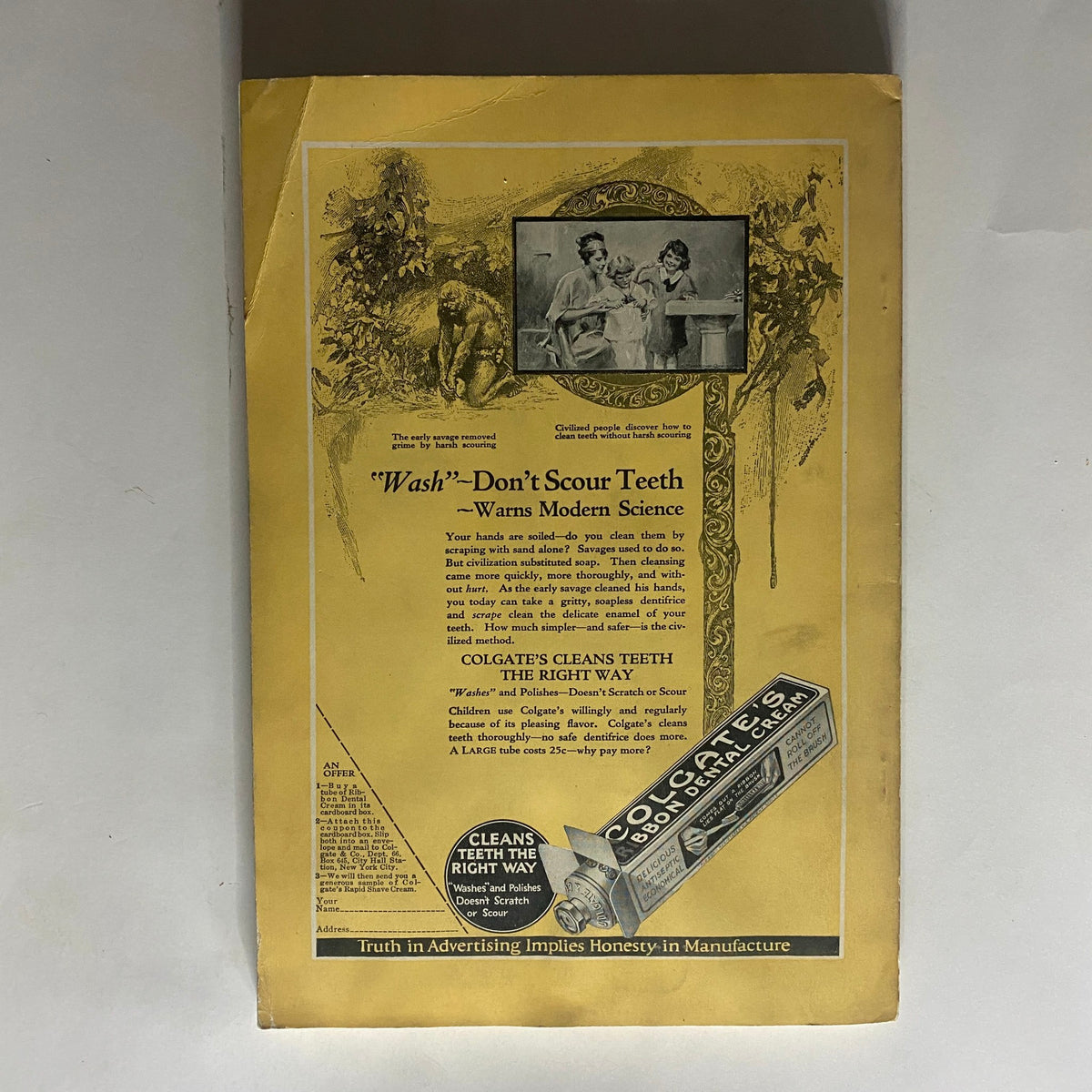 Back cover of National Geographic Magazine February 1923 featuring an advertisement for Colgate's dental products, emphasizing vintage marketing styles and graphics.