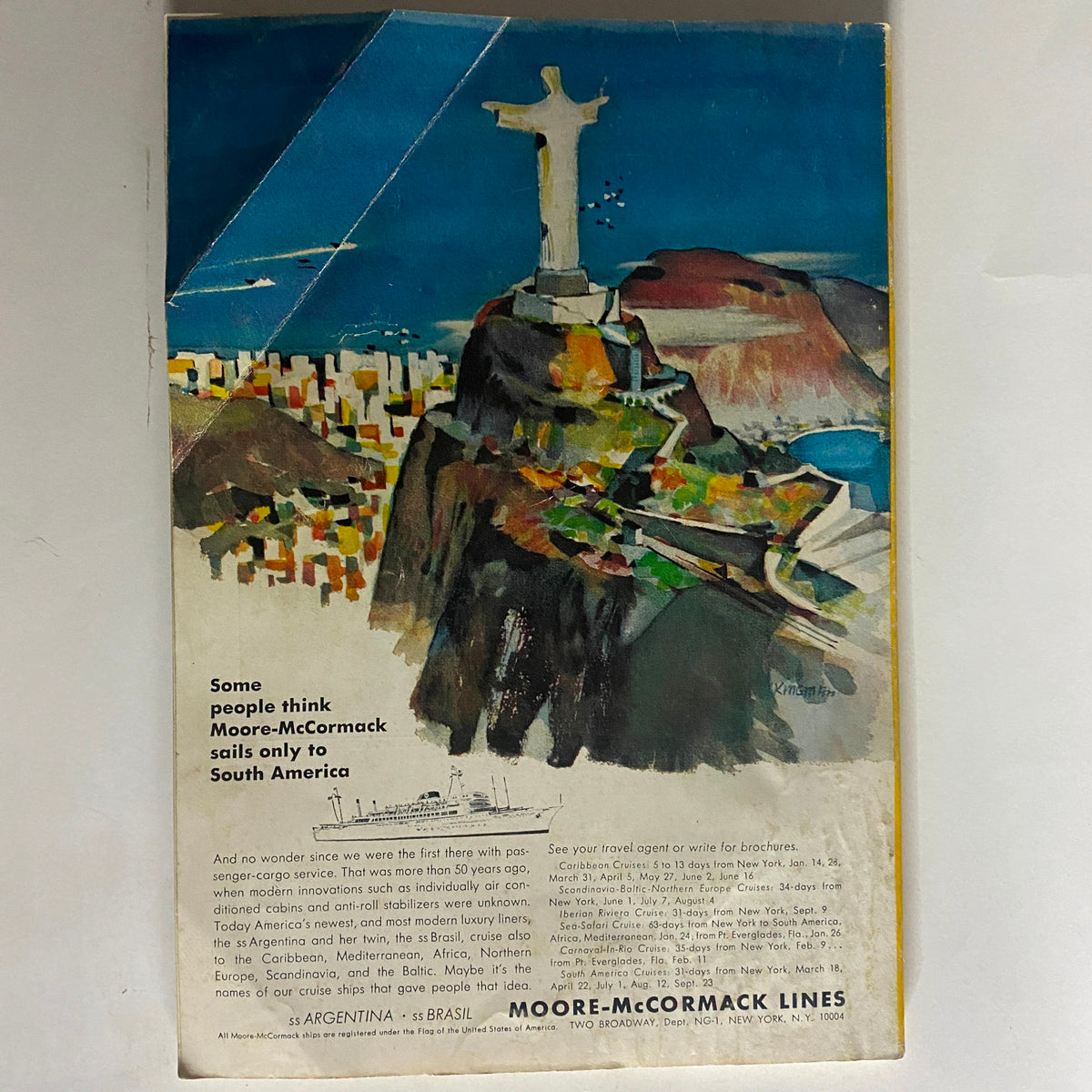 National Geographic Magazine January 1966 Brazil's Waura Indians, featuring a colorful illustration of the iconic Christ the Redeemer statue in Rio de Janeiro, accompanied by a vintage advertisement for Moore-McCormack Lines sailing to South America.