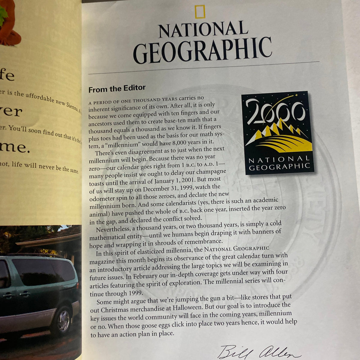 Editorial page from National Geographic Magazine January 1998, introducing discussions on the significance of the millennium and featuring a special 2000 National Geographic logo.