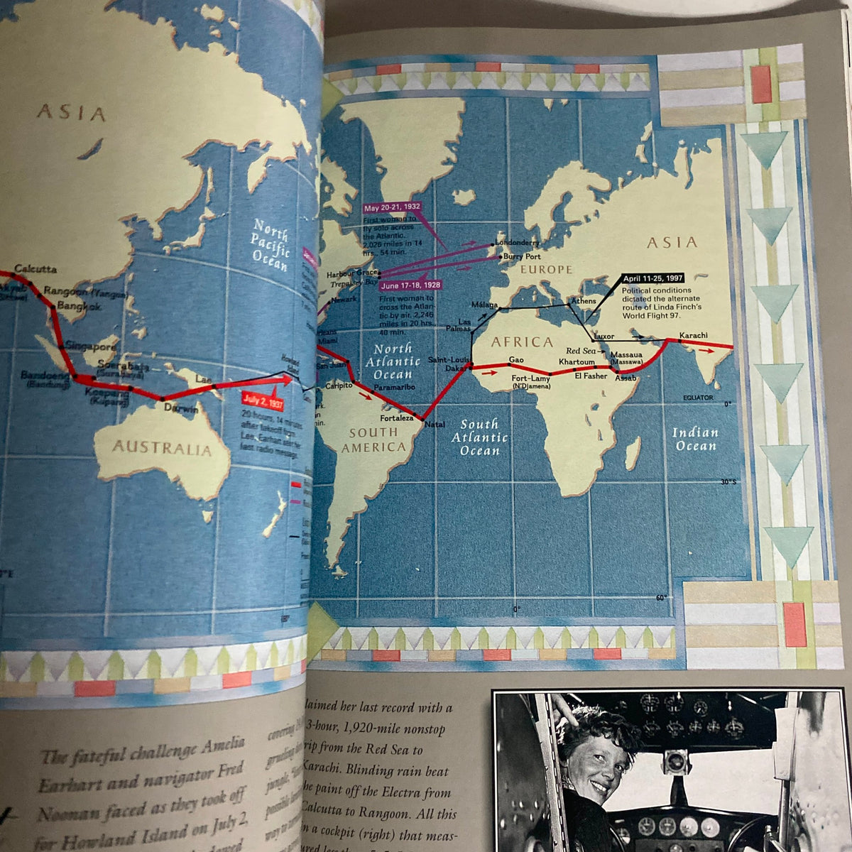 Inside page from National Geographic Magazine January 1998, displaying a detailed map with historical flight paths, alongside an image of Amelia Earhart, relevant to the magazine's themes.