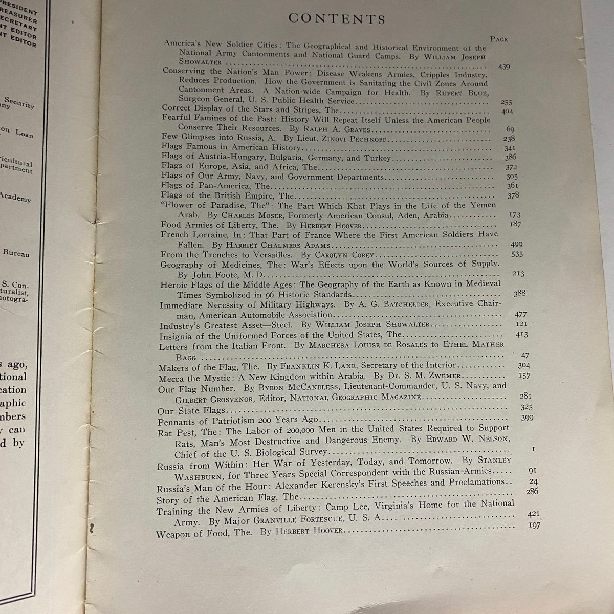 Contents page from National Geographic Magazine July-December 1917 Volume XXXII, listing featured articles and topics.