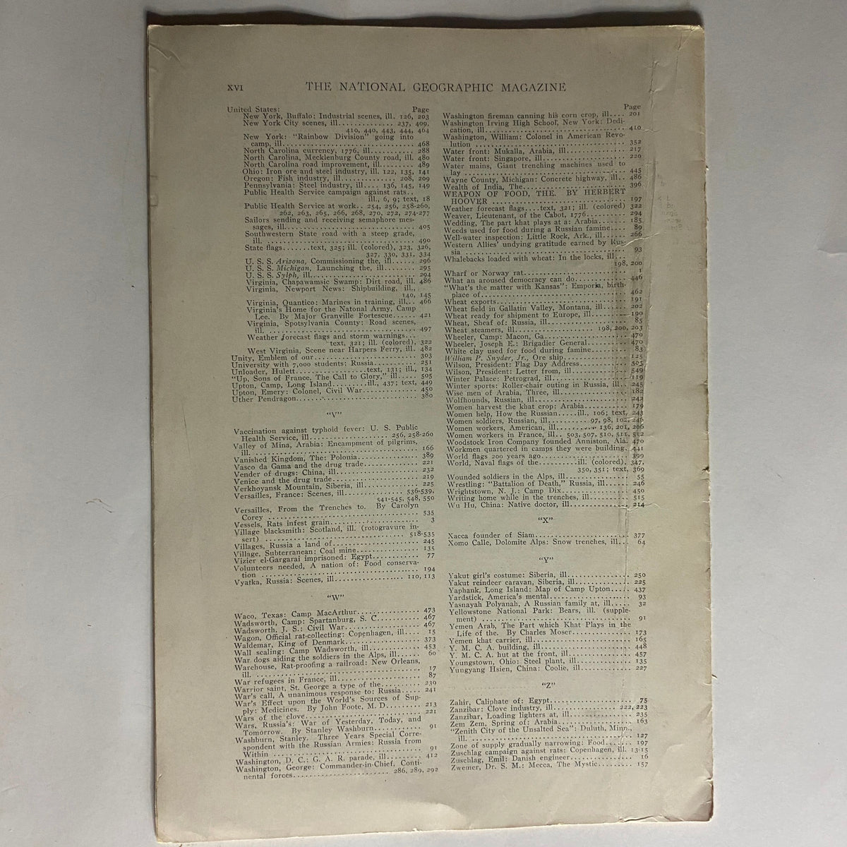 Back cover page of National Geographic Magazine July-December 1917 Volume XXXII, showcasing additional index information.