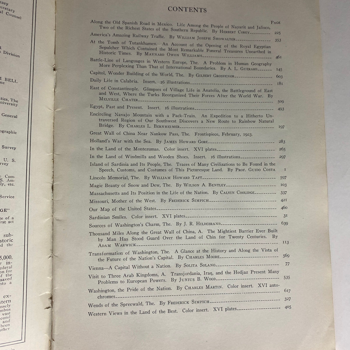 Contents page of National Geographic Magazine January-June 1923 Volume XLIII detailing articles and topics covered.