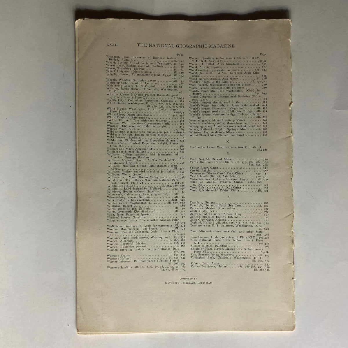Back cover of National Geographic Magazine January-June 1923 Volume XLIII listing additional information and page numbers.