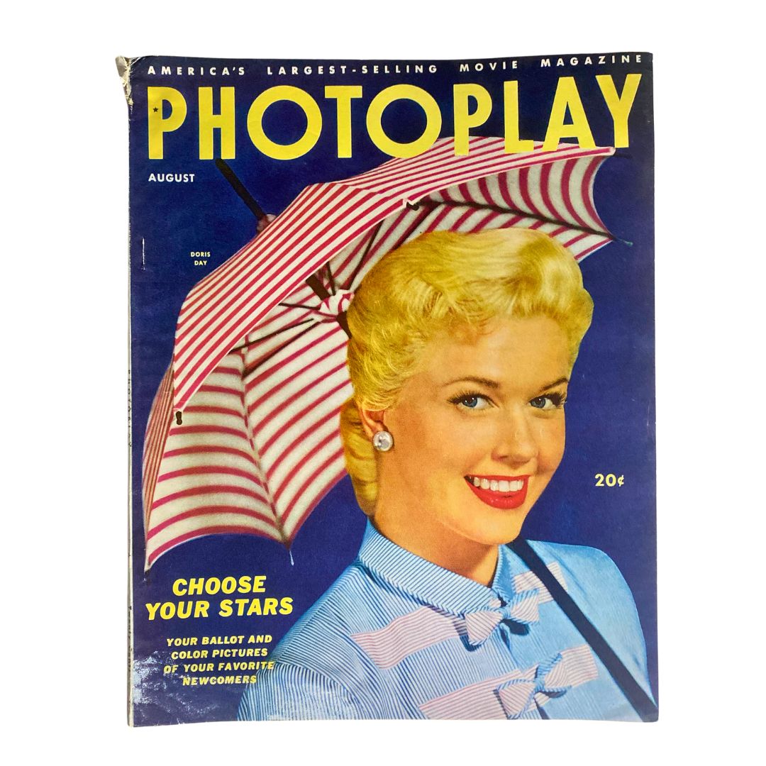 VTG Photoplay Magazine August 1953 featuring Doris Day on the cover with striped umbrella, showcasing Hollywood's golden age.