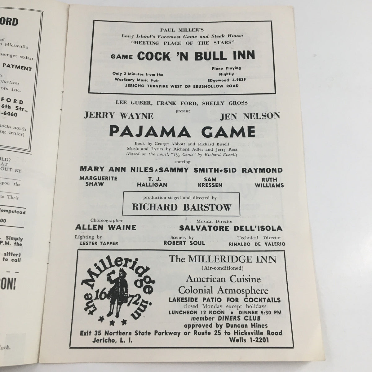 Interior page of the 1957 Season Westbury Music Fair program featuring the Pajama Game, showcasing cast information including Richard Barstow and other performances.