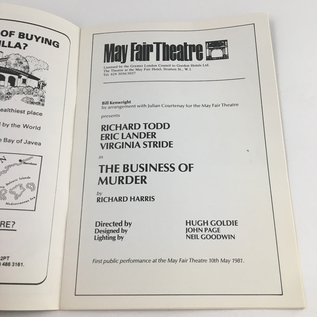 Inside page of the 1981 Mayfair Theatre program showcasing 'The Business of Murder' by Richard Harris, listing the cast and crew members involved in the production.