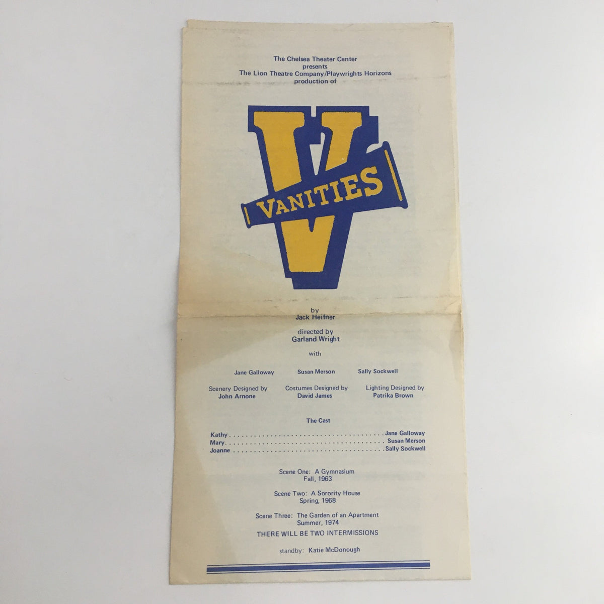 1976 The Chelsea Theater presents 'Vanities' by G. Wright, a theater program showcasing cast and production details, celebrating 1970s drama.