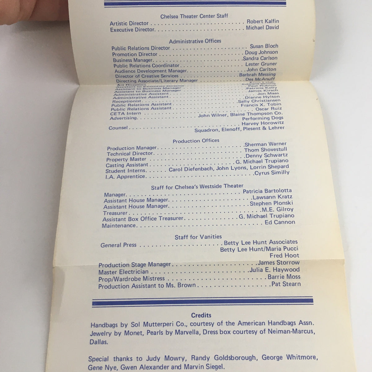 Inside page of 1976 The Chelsea Theater Present Vanities by G. Wright listing the production staff and cast details for the performance.