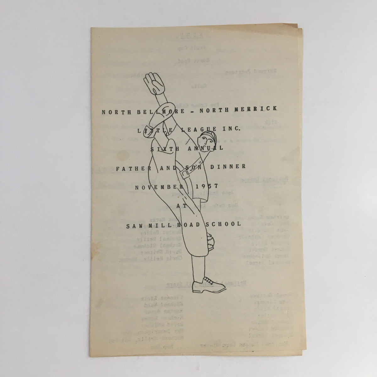 1957 North Bellmore North Merrick Little League Inc. Present Father & Son Dinner program cover featuring a hand-drawn illustration of a boy and a father figure.