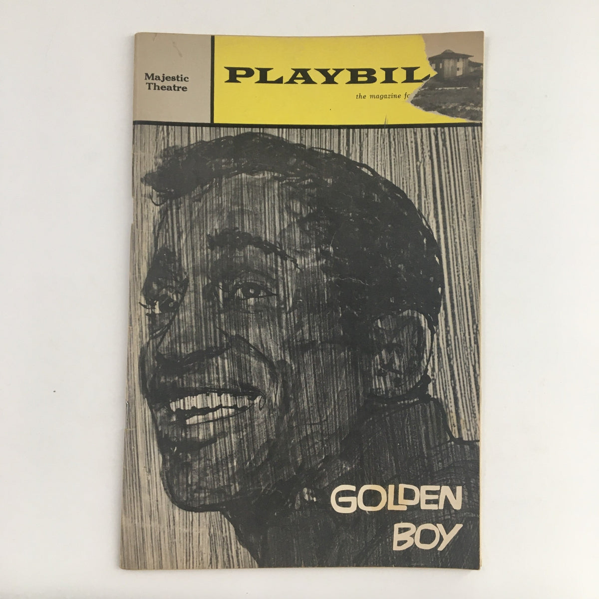 1965 Playbill for Sammy Davis in Golden Boy, featuring a black and white illustration of Sammy Davis Jr. on the cover, from the Majestic Theatre.