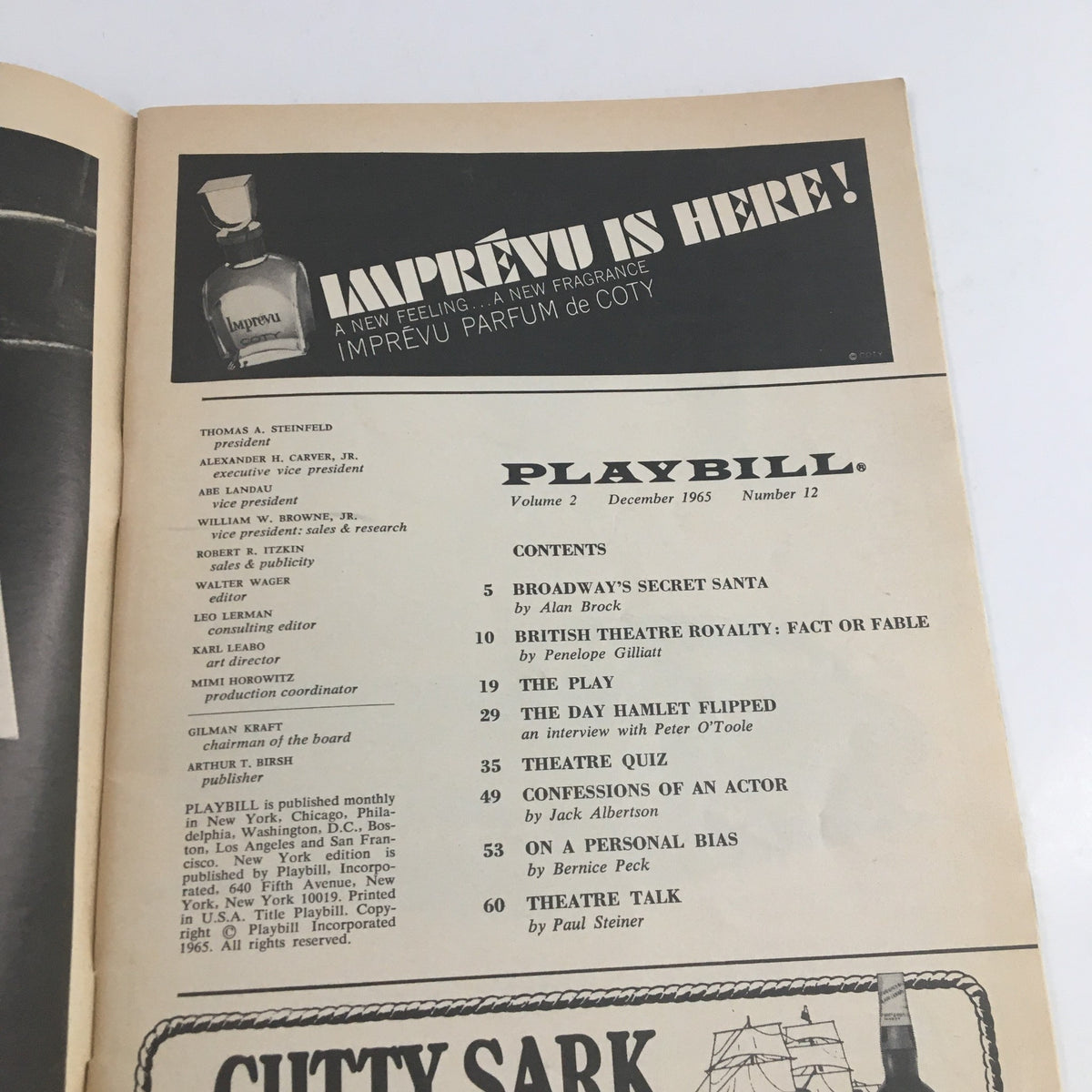 Interior page of the 1965 Playbill for Sammy Davis in Golden Boy, featuring contents and advertisements of the time, reflecting the era's theatrical culture.