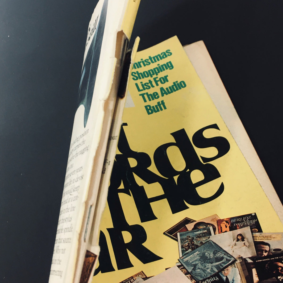 Inside view of the December 1974 High Fidelity Magazine showcasing articles and features including a Christmas shopping list for audio enthusiasts.