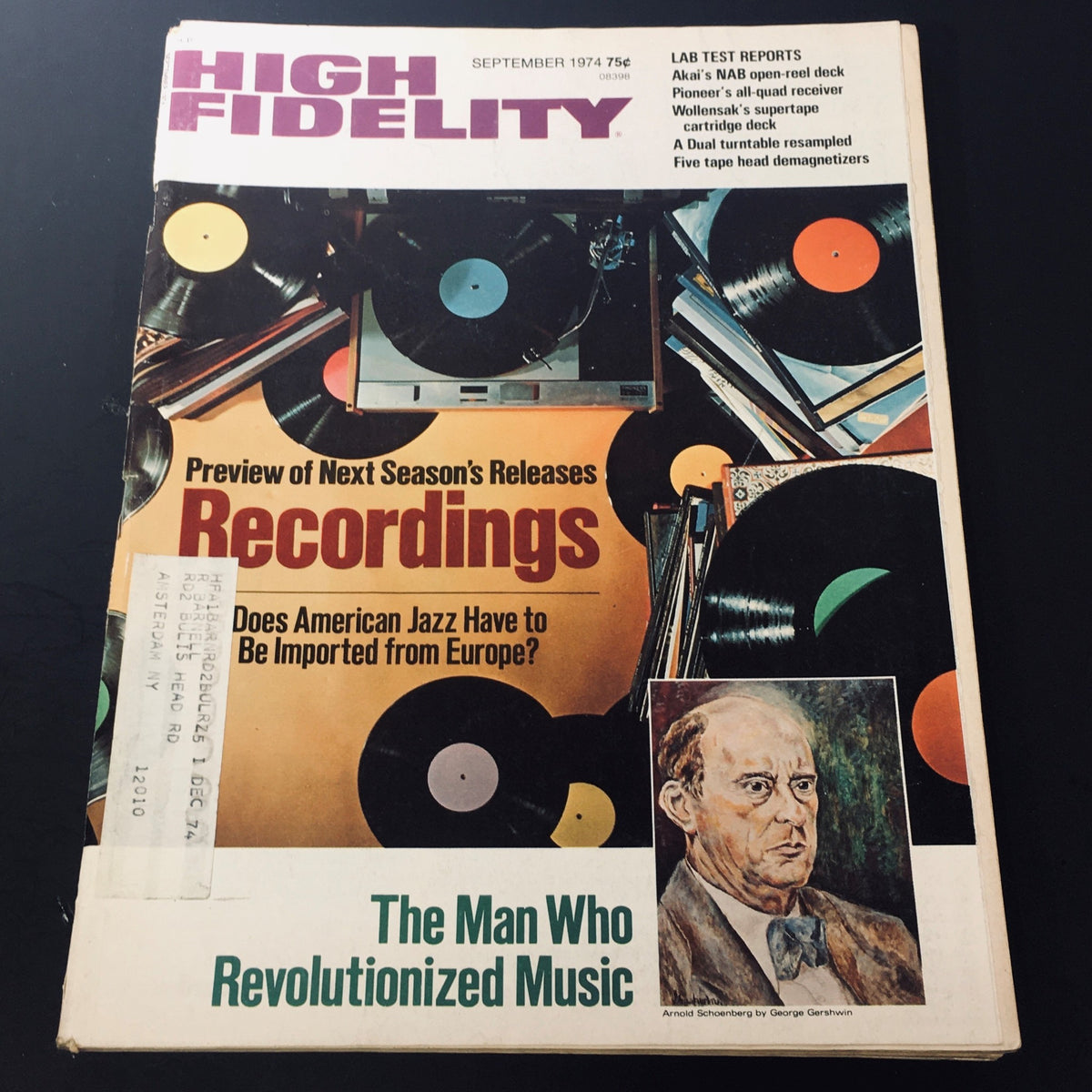 Cover of the VTG High Fidelity Magazine September 1974 featuring an article on Arnold Schoenberg by George Gashwin, showcasing vintage vinyl records, a portrait of Schoenberg, and headlines related to music and recordings.