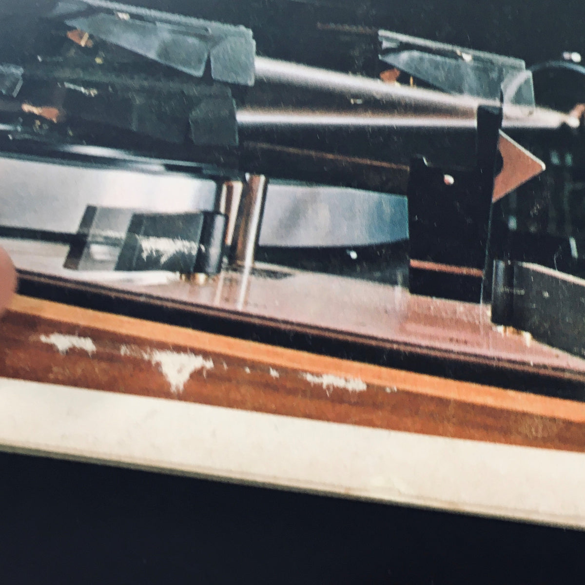 Close-up of turntable from the VTG High Fidelity Magazine April 1970, showcasing details about the sound equipment discussed in the vintage issue.