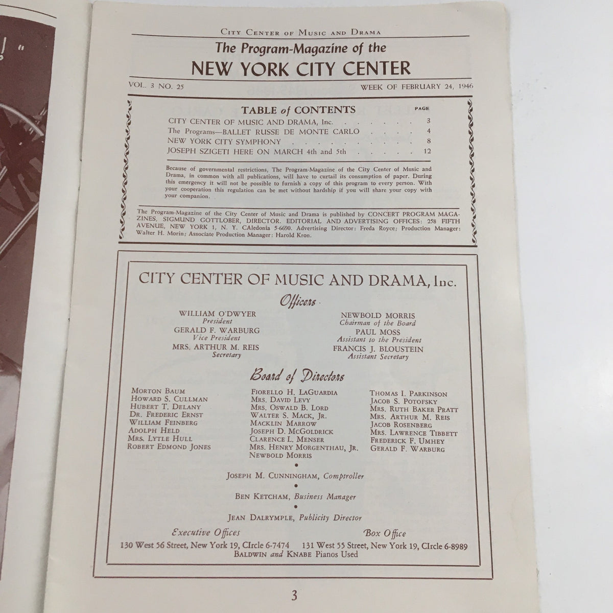Interior page of the 1946 Program Magazine from New York City Center, including the table of contents and details about the Ballet Russe De Monte Carlo performance.