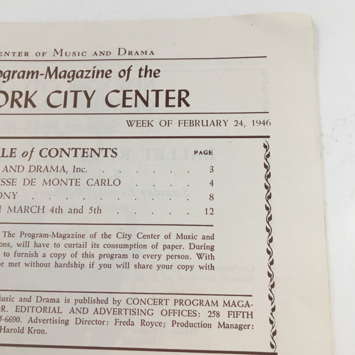 Another view of the interior page from the 1946 Program Magazine of the New York City Center, highlighting the program details and directors.
