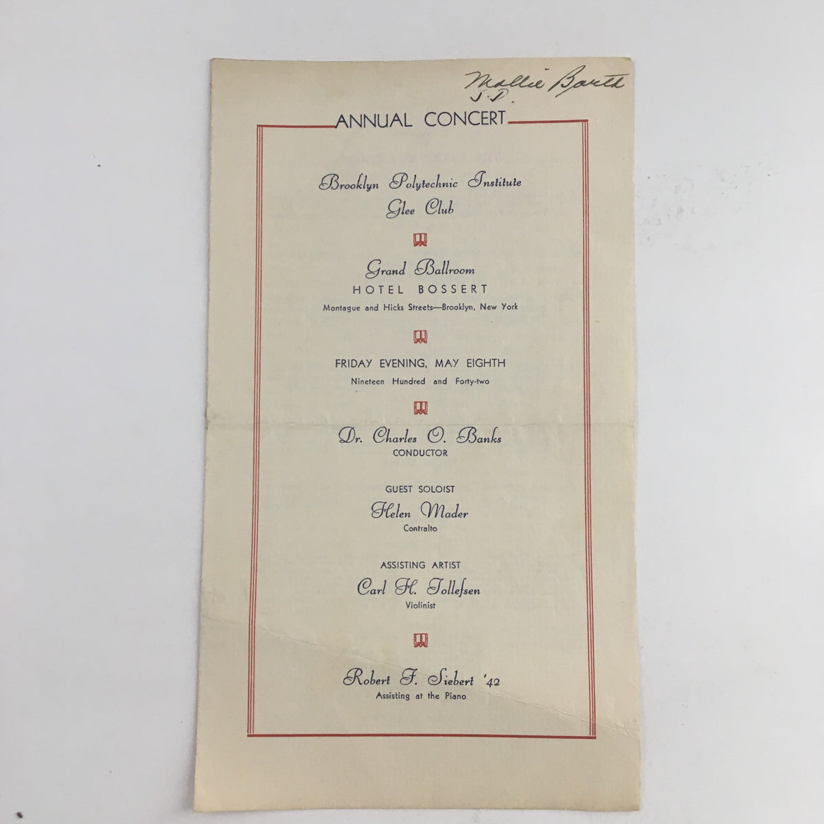 1942 Annual Concert Brooklyn Polytechnic Institute Glee Club program cover featuring details of the event with conductor Dr. Charles O. Buck and soloist Helen Mader, showcasing a vintage design.
