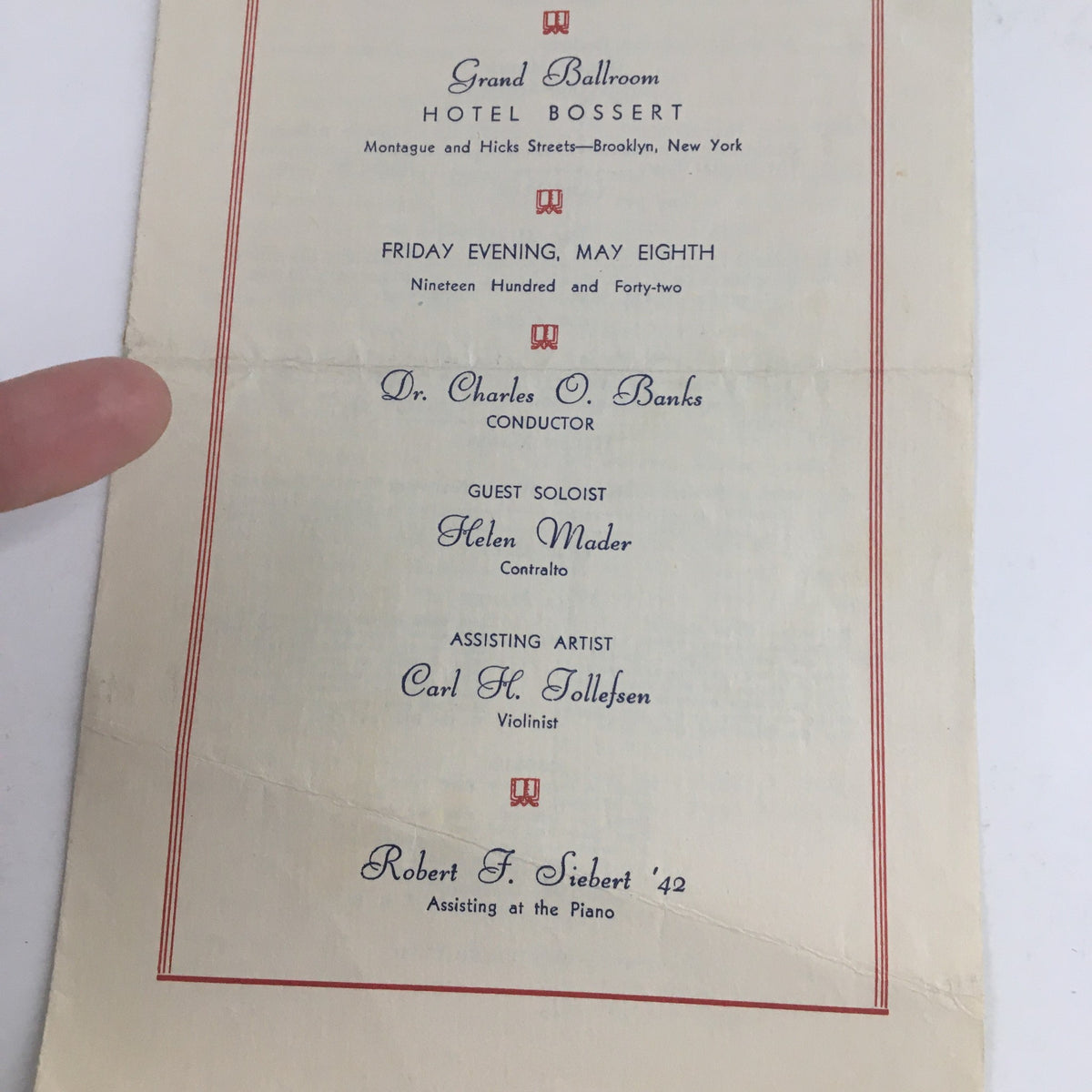 1942 Annual Concert Brooklyn Polytechnic Institute Glee Club program page featuring conductor Dr. Charles O. Banks and soloist Helen Mader.