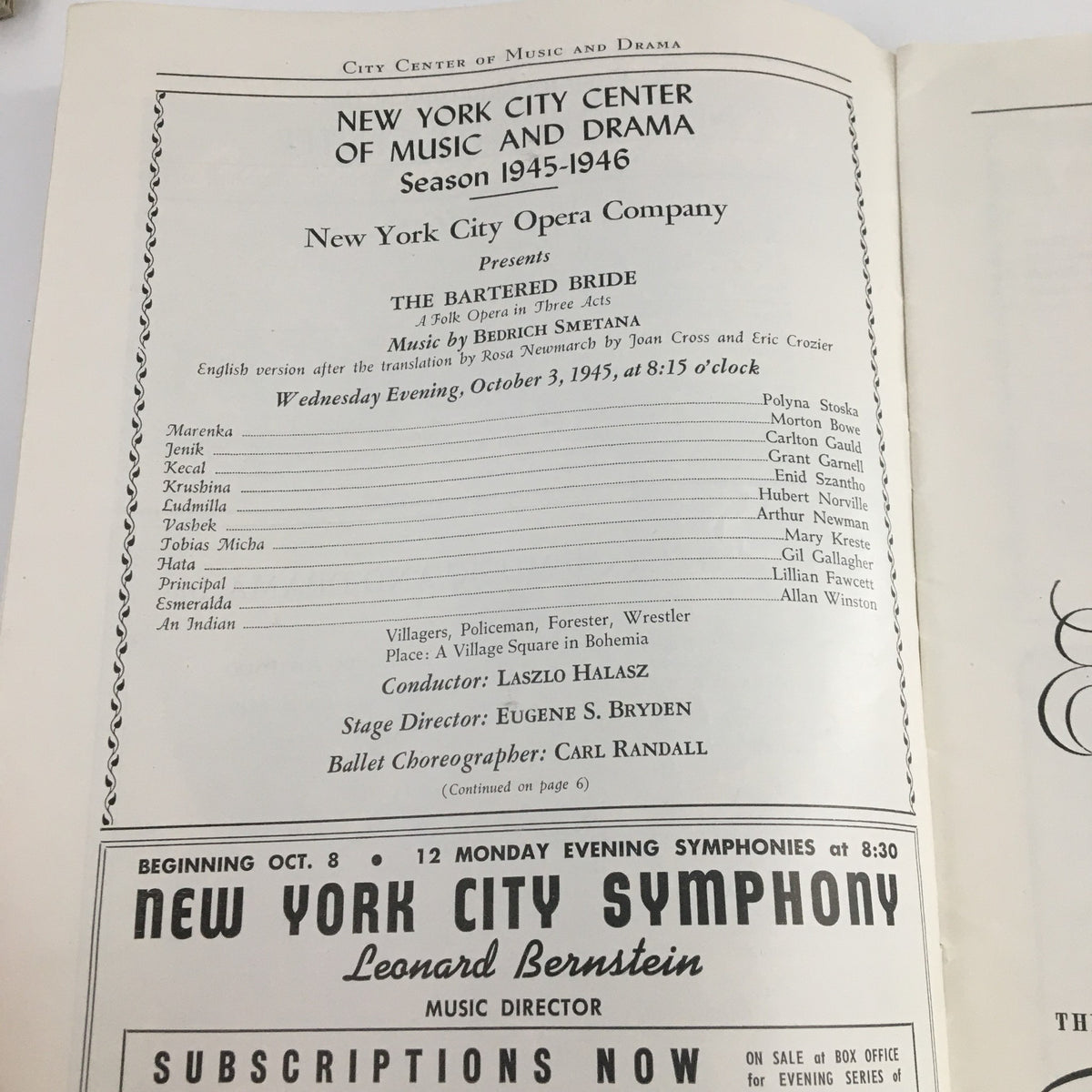 Interior page of the 1945 New York City Center of Music and Drama program for The Bartered Bride Opera, detailing the cast and production information.