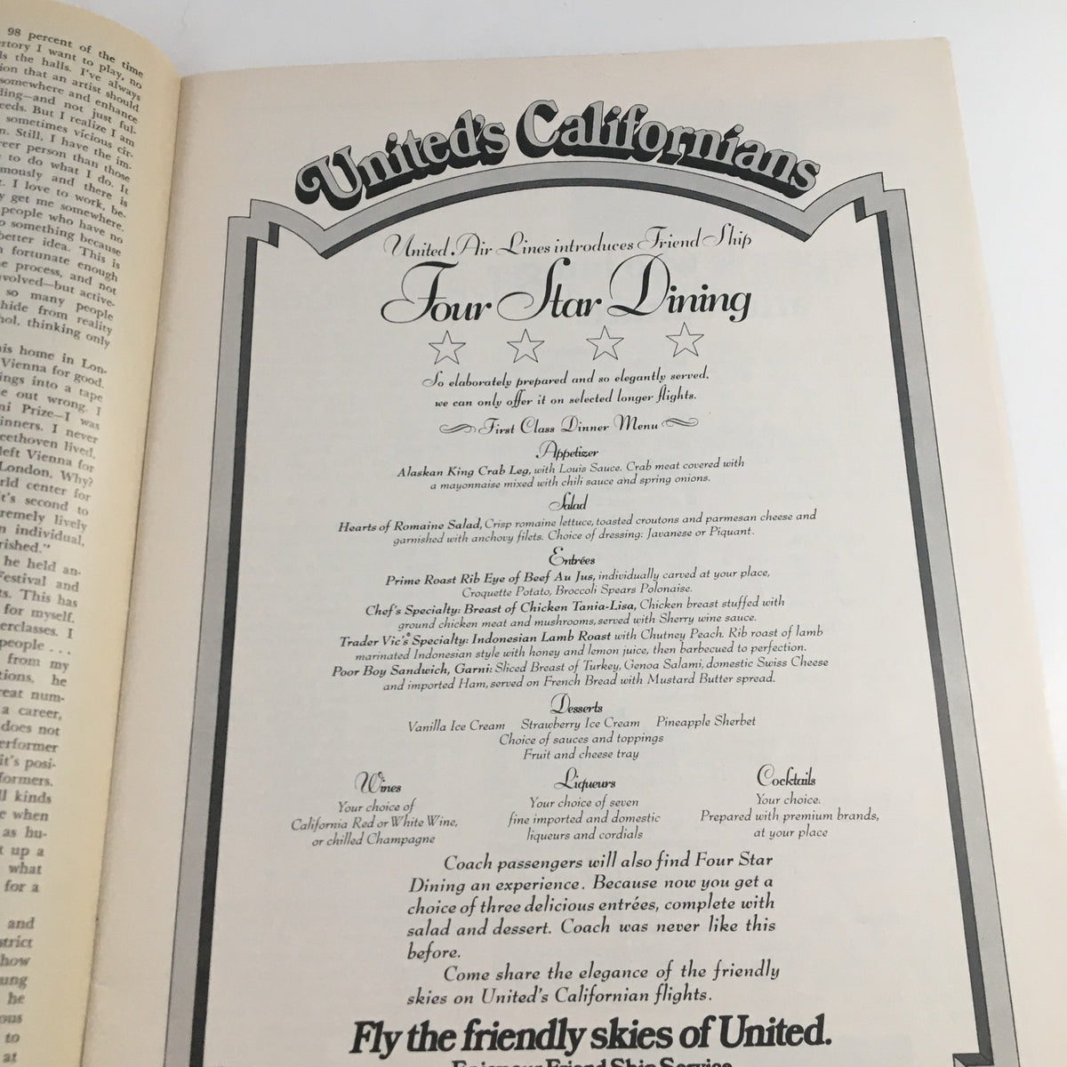 Advertisement from 1972 International Festival Carnegie Music at Marlboro by Robert Jacobson for United Airlines, promoting Four Star Dining services, reflecting the travel experience related to the festival.