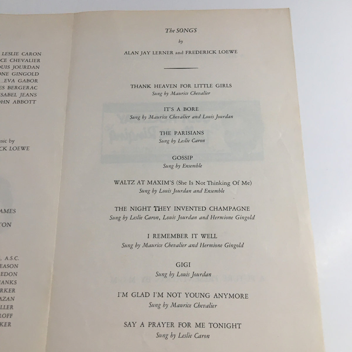 Inside page of the 1958 Royale Theatre Program featuring the songs from the Arthur Freed production 'Gigi' by Frederick Loewe, showcasing notable pieces such as 'I Remember It Well' and 'Gigi'. Ideal for collectors and fans of vintage musical theatre.