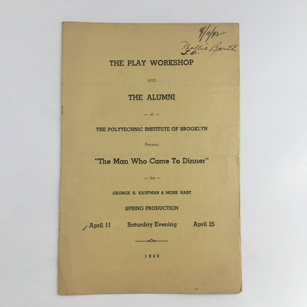 Program cover for 'The Man Who Came to Dinner' presented by The Play Workshop and The Alumni at the Polytechnic Institute of Brooklyn, dated April 11, 1942.