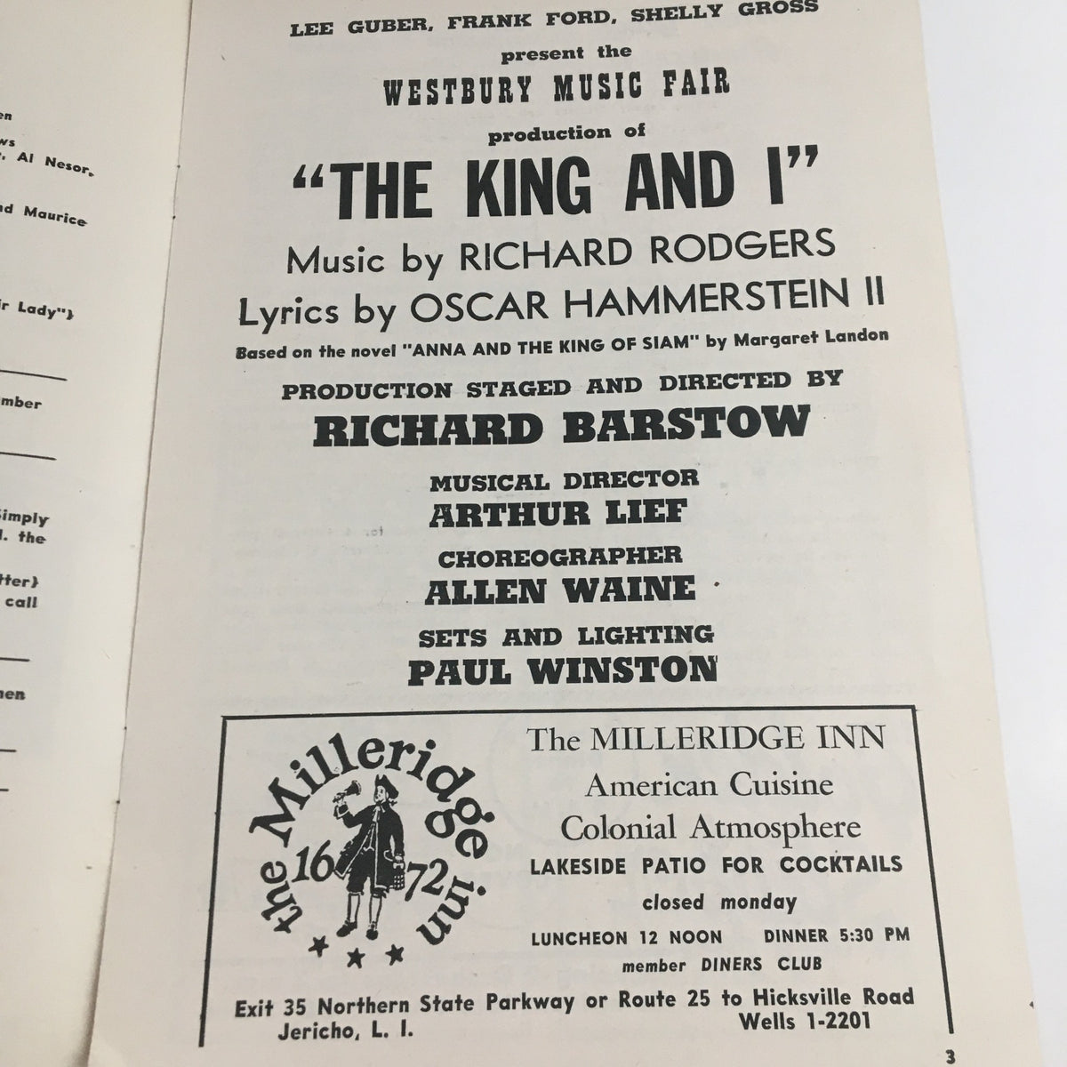 Inside page of the 1956 Westbury Music Fair program for The King and I, detailing the production credits including music by Richard Rodgers and lyrics by Oscar Hammerstein II.