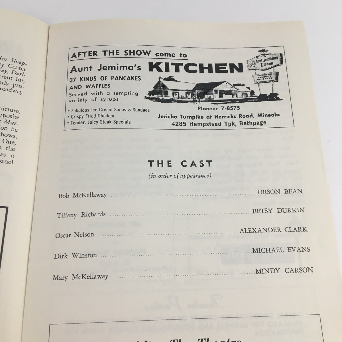 1963 Mineola Playhouse cast list for 'Mary, Mary' featuring actors including Orson Bean and Mindy Carson, alongside Aunt Jemima's Kitchen advertisement.