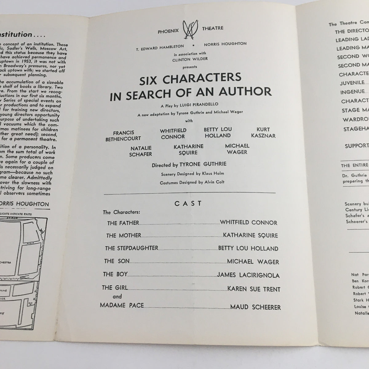 Page from the 1955 Season Phoenix Theatre program for 'Six Characters in Search of an Author', featuring the cast list including actors such as Frank B. Houghton and Katharine Squire.