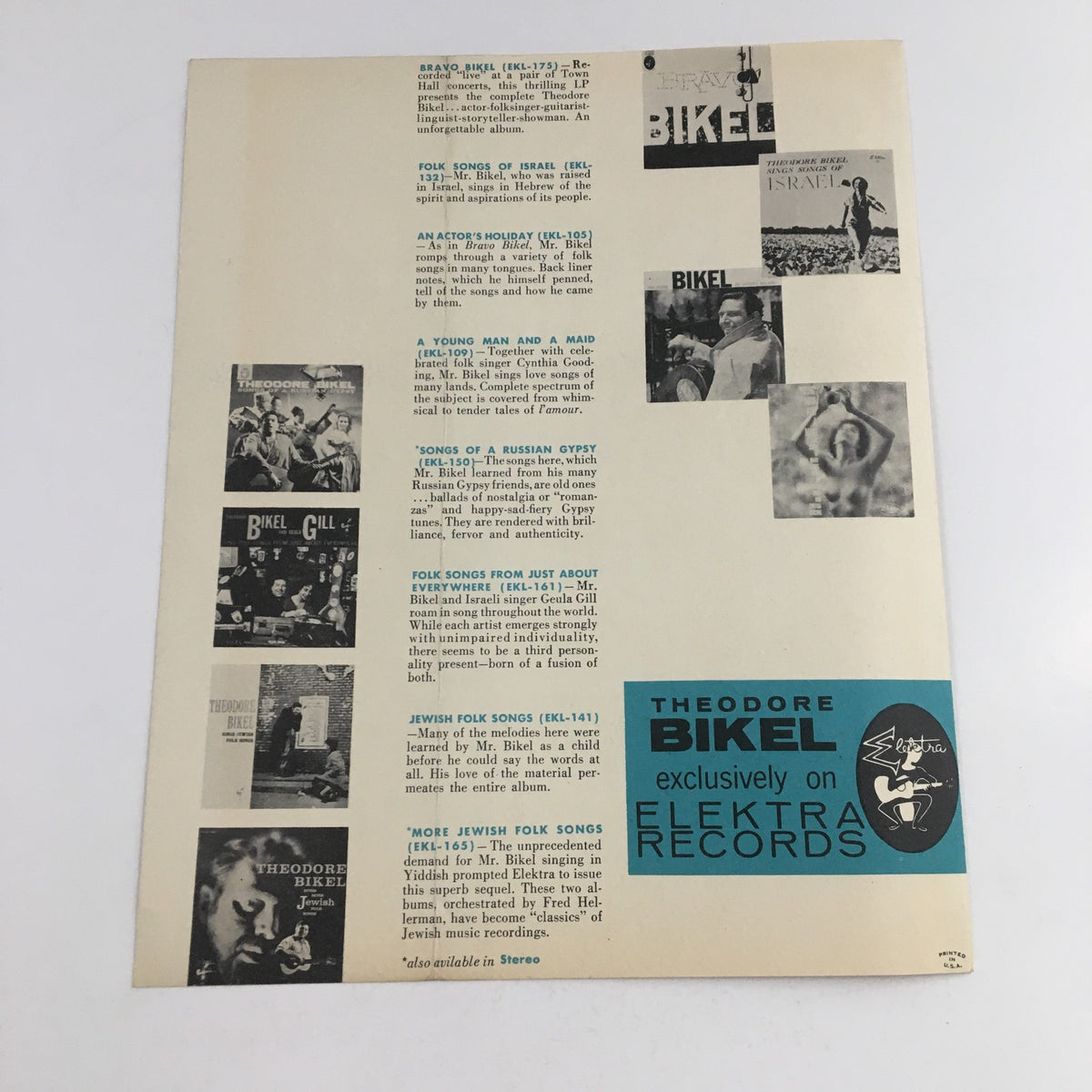 Back cover of the 1959 Elektra Records presents The Theodore Bikel Concert listing additional albums by Theodore Bikel along with images and details.
