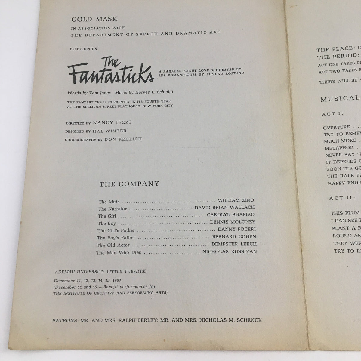 Inside page of The Fantasticks: A Parable About Love by Nancy Iezzi, detailing the production credits and cast list.