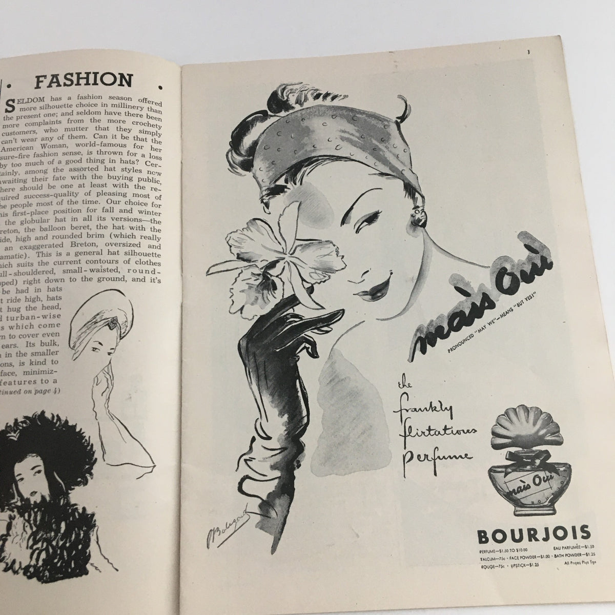 Inside page from the 1945 Metropolitan Opera House program showcasing a vintage advertisement for Bourjois perfume alongside fashion illustrations, reflecting the style of the era.