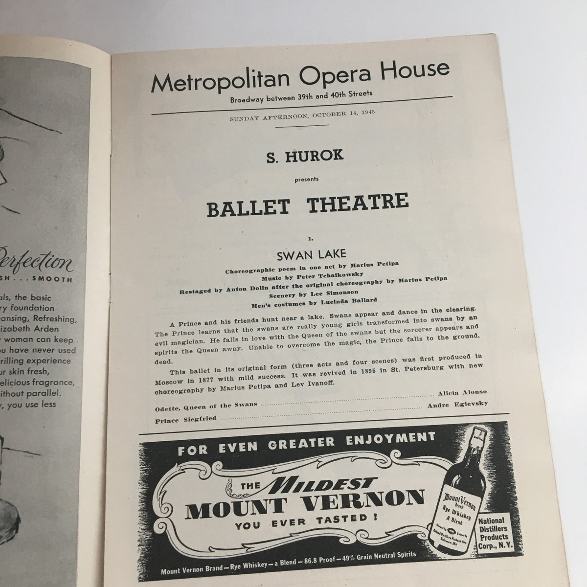 Program details from the 1945 Metropolitan Opera House performance of S. Hurok Presents Ballet Theatre in Swan Lake, including choreography and cast information.