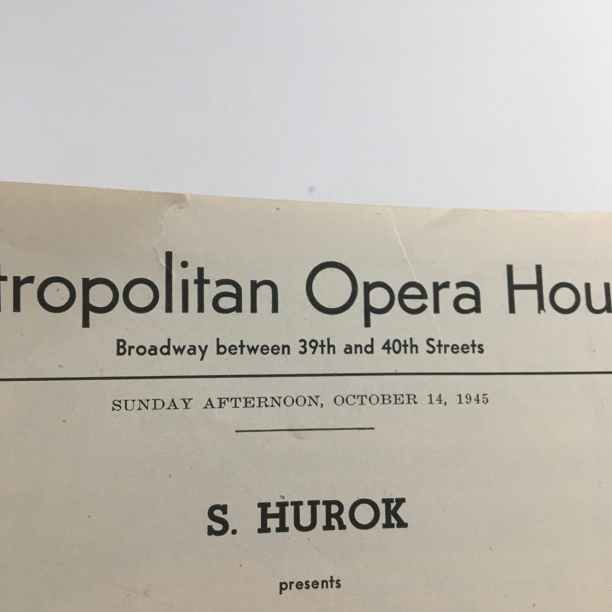 Title header from the 1945 Metropolitan Opera House program featuring S. Hurok Presents, emphasizing the date and location of the Swan Lake performance.