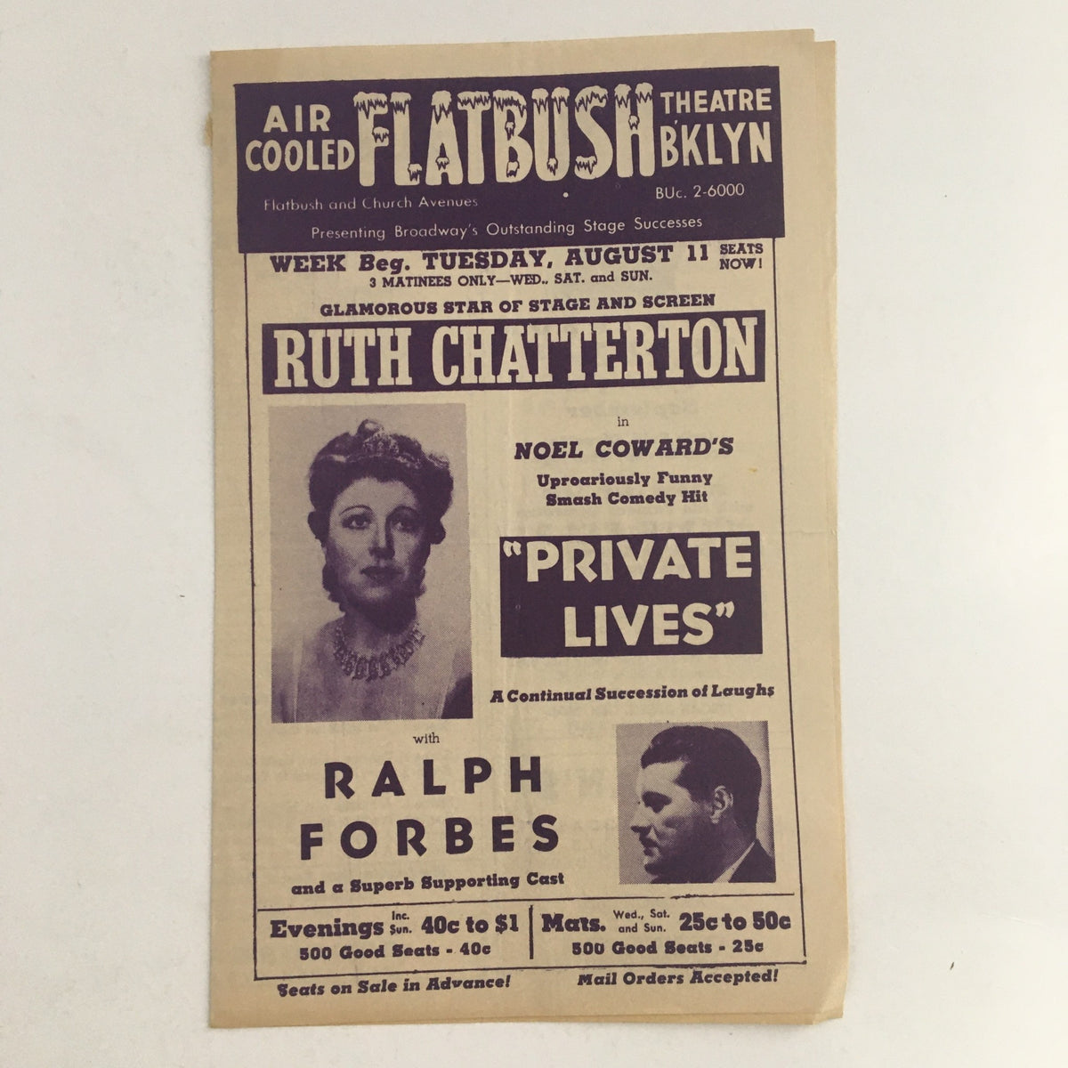 1942 Flatbush Theatre poster featuring Ruth Chatterton in the play 'Private Lives' with Ralph Forbes, highlighting theatrical history and vintage art.