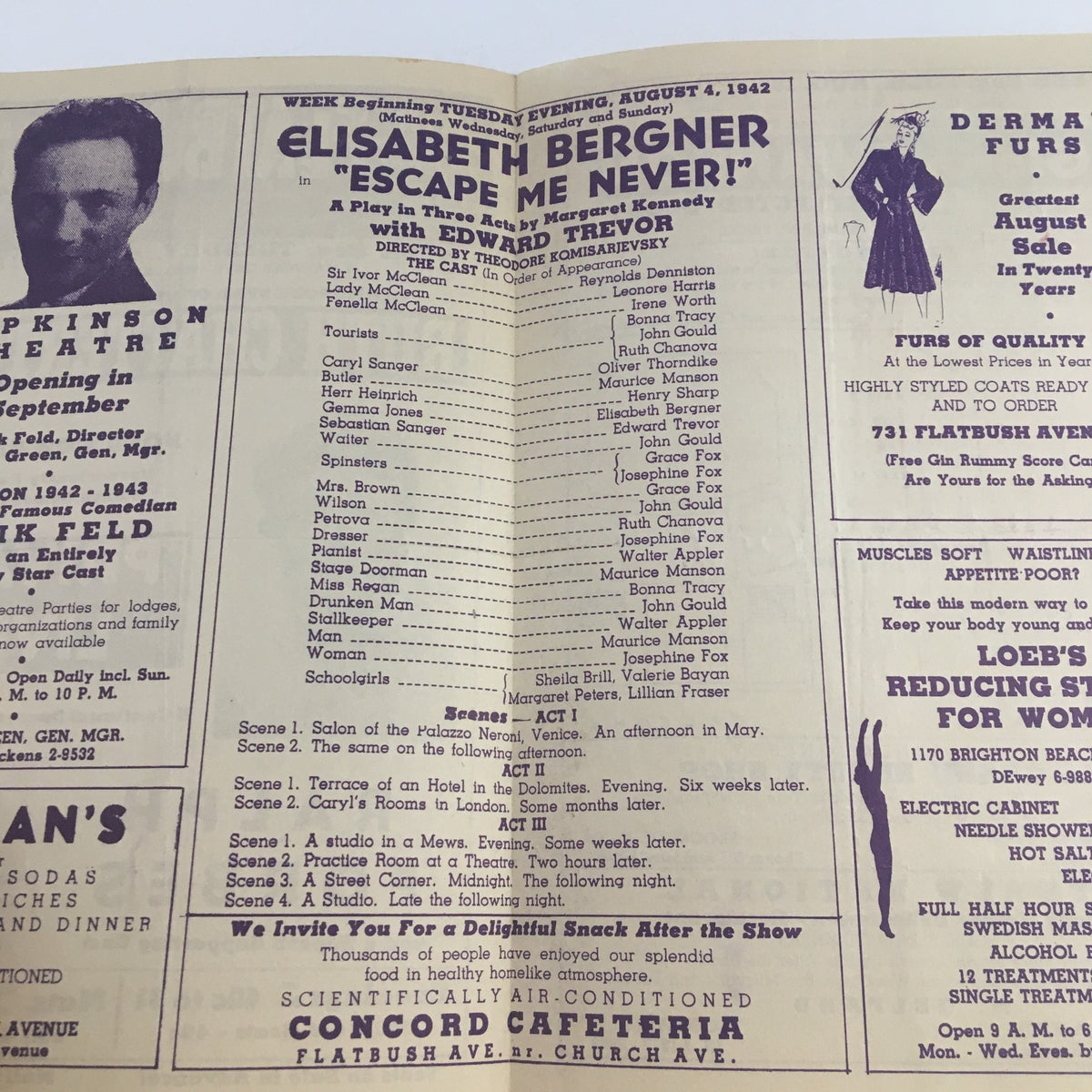 1942 Flatbush Theatre promotional material for Elisabeth Bergner in 'Escape Me Never!', detailing the play and cast information in a nostalgic design.