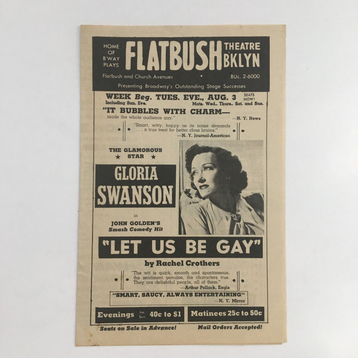 1943 Flatbush Theatre program featuring George Abbott's Room Service by John Murray, showcasing vintage theatre memorabilia with details about the production and cast.