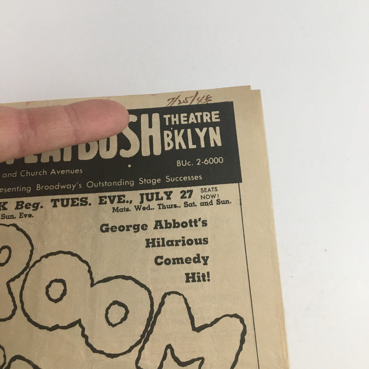 Close-up of the 1943 Flatbush Theatre Bklyn presentation of George Abbott's Room Service with Teddy Hart, highlighting the play's title and the theatre's contact information.