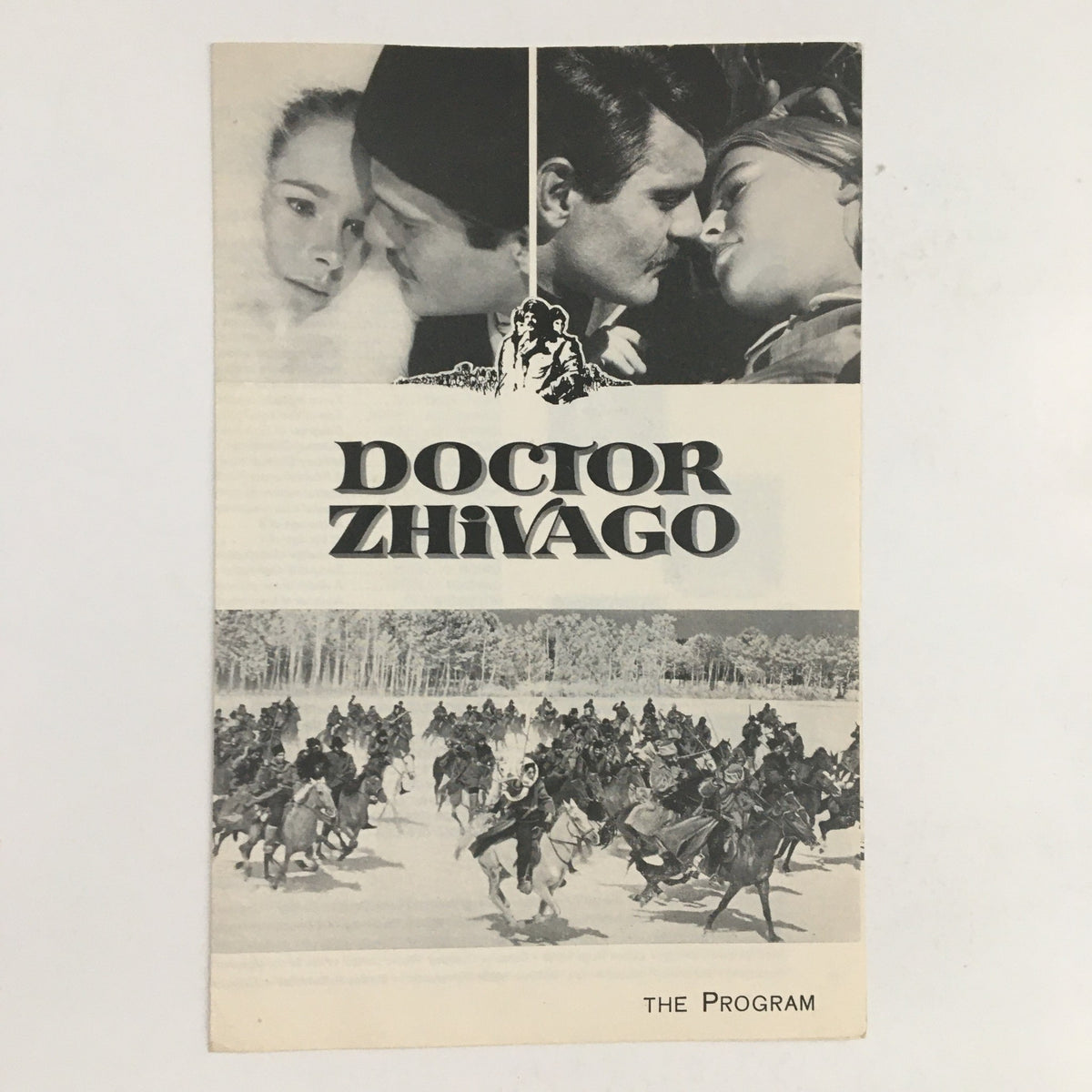 1957 Doctor Zhivago Program cover featuring iconic scenes and characters from the film, including a snowy landscape and romantic moments.
