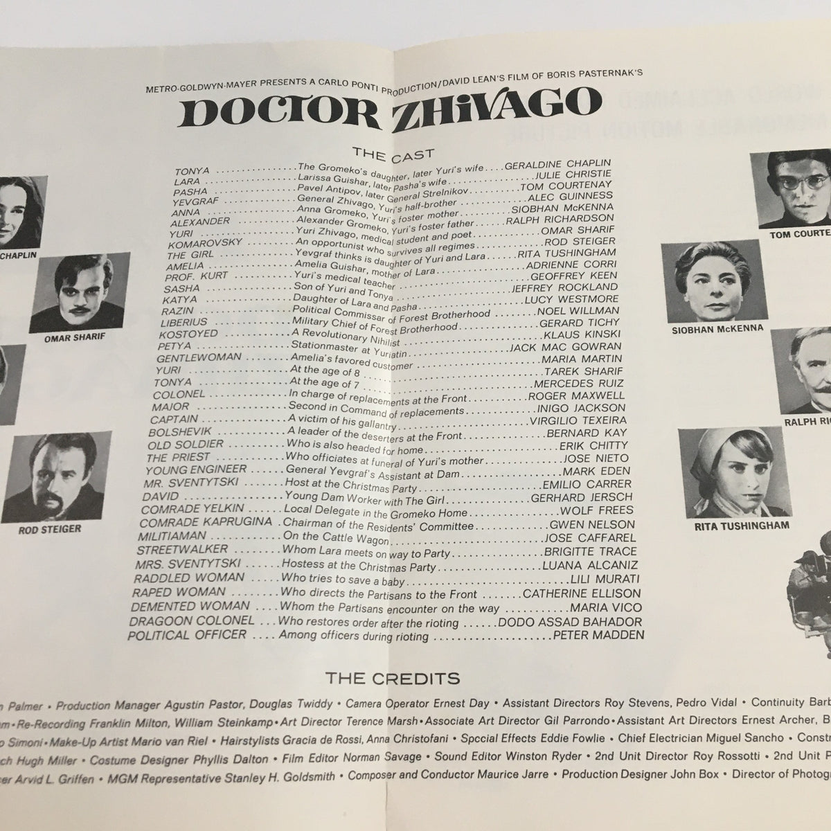 1957 Doctor Zhivago Program interior page outlining the cast and credits of the film, showcasing the names and roles of the key actors in classic cinema.