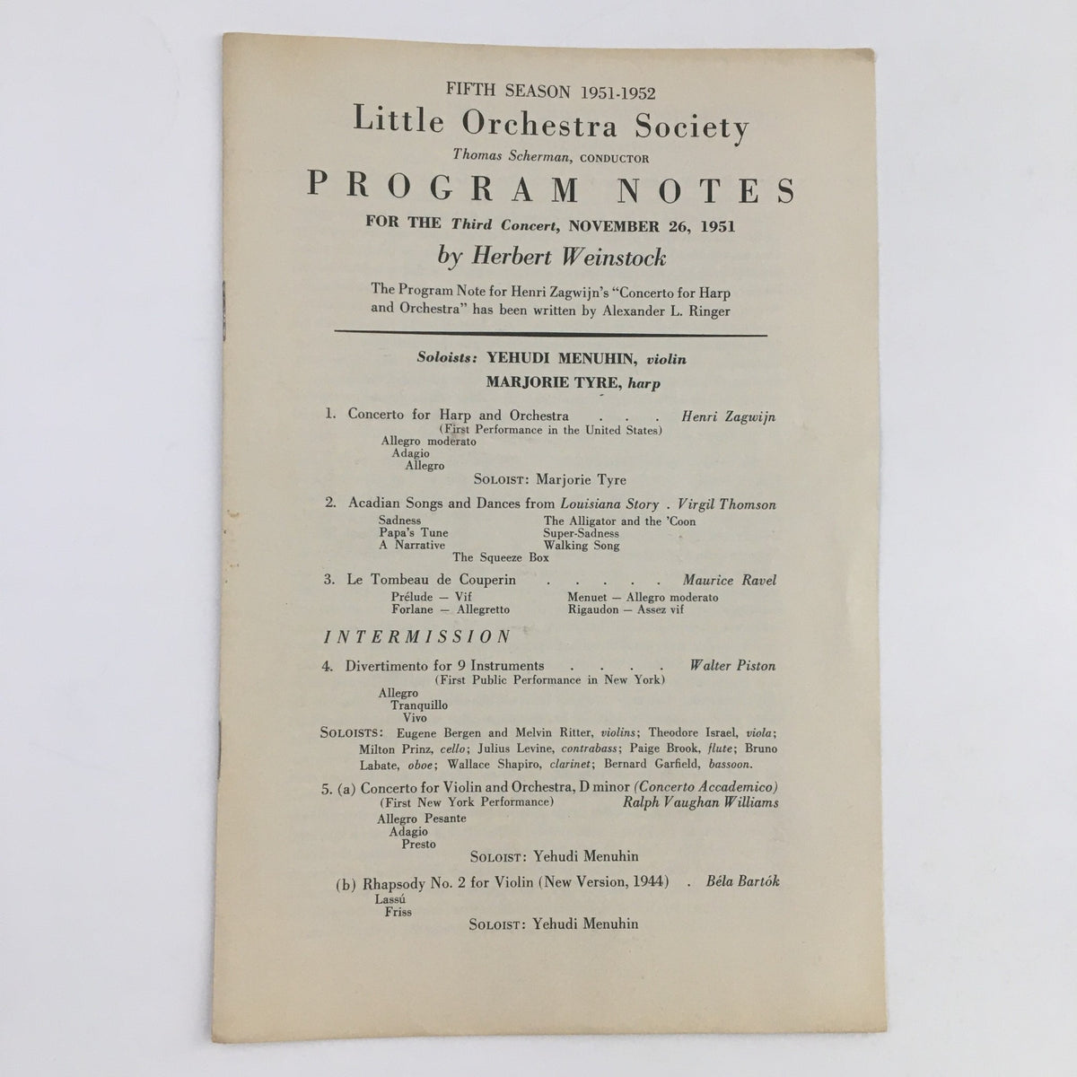 1951 Little Orchestra Society Program Notes for 3rd Concert, cover page featuring concert details, by Herbert Weinstock.