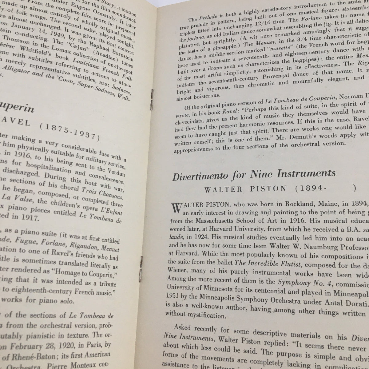 Interior page from 1951 Little Orchestra Society Program Notes for 3rd Concert, detailing the history of musical compositions and biographies of composers.