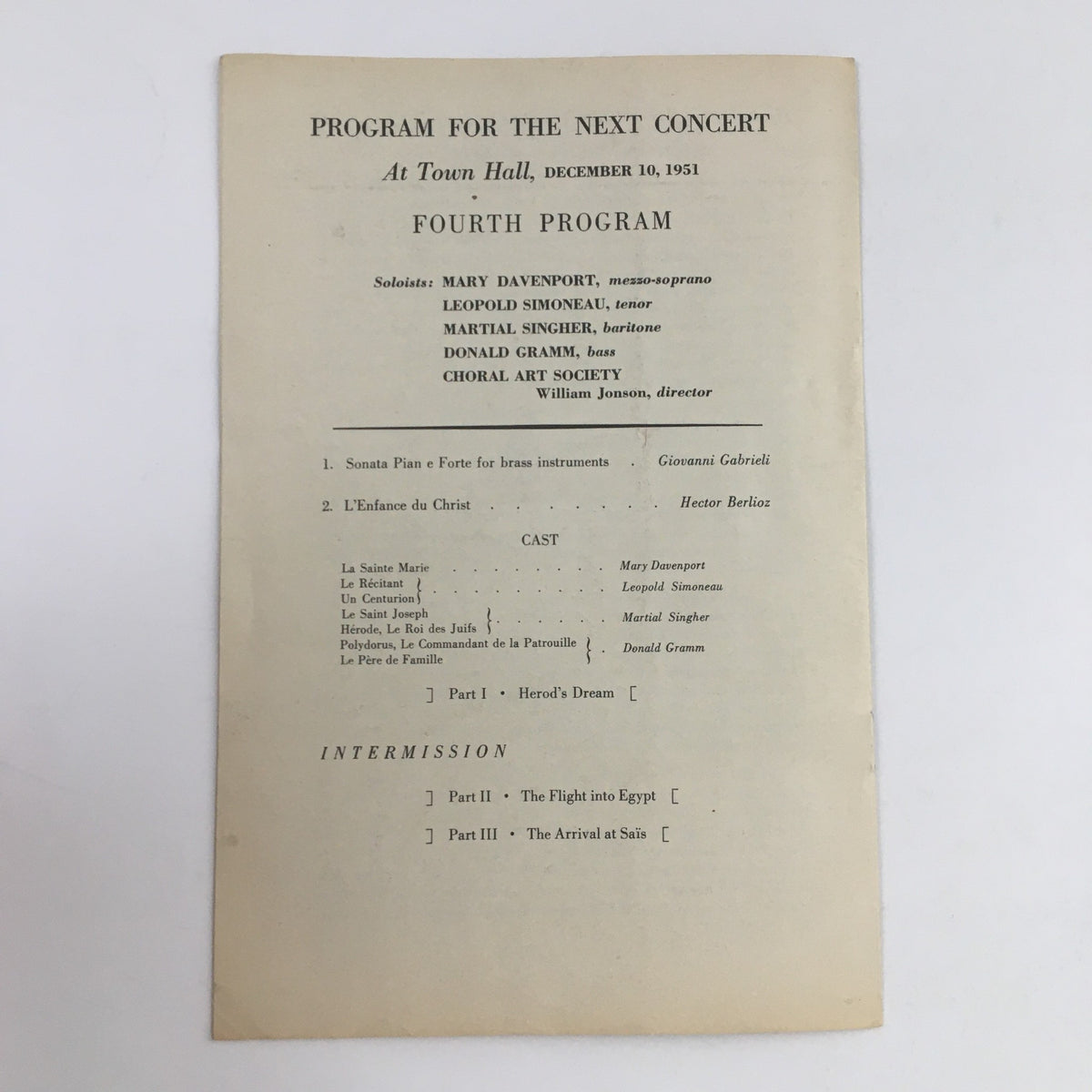 Back cover of 1951 Little Orchestra Society Program Notes for 3rd Concert, presenting information about the next concert program.