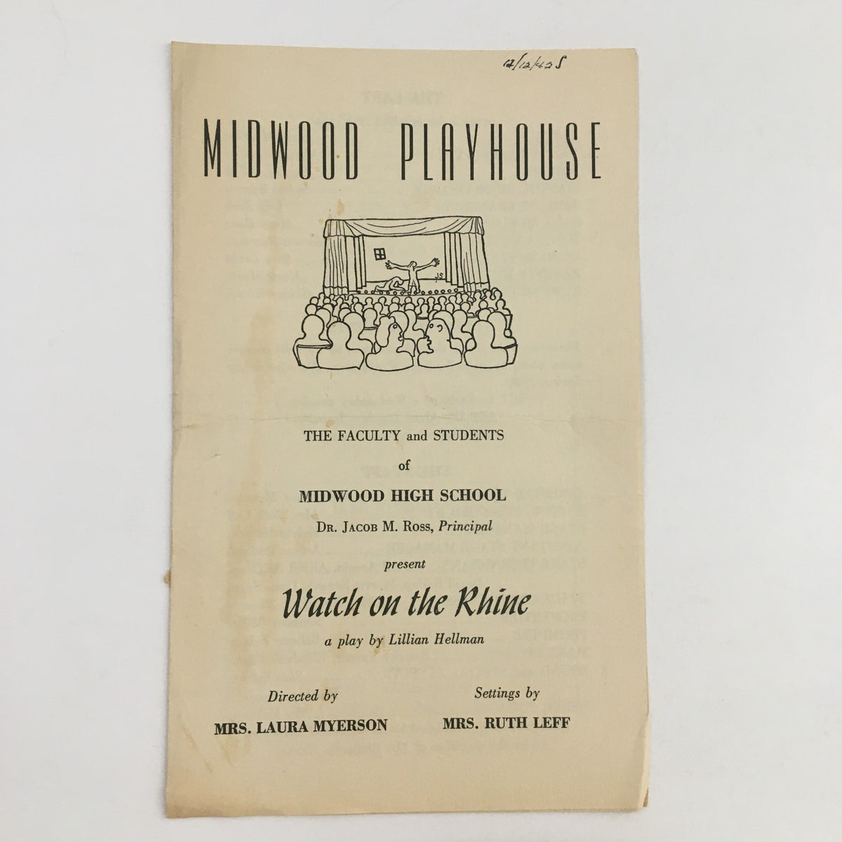1942 program from the Midwood Playhouse production of 'Watch on the Rhine', a play by Lillian Hellman, featuring a drawing of the stage and audience.